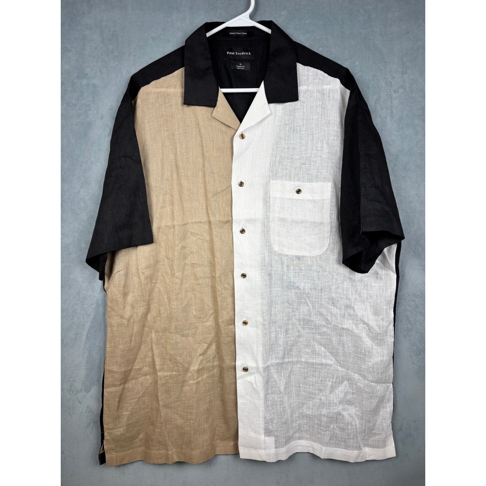 Paul Fredrick Mens XL Linen Colorblock Camp Shirt Short Sleeve Black Tan White